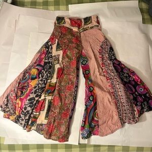 Boho Patchwork Pants Unique Stretch Mid Rise Super Wide Leg Colorful Hippie